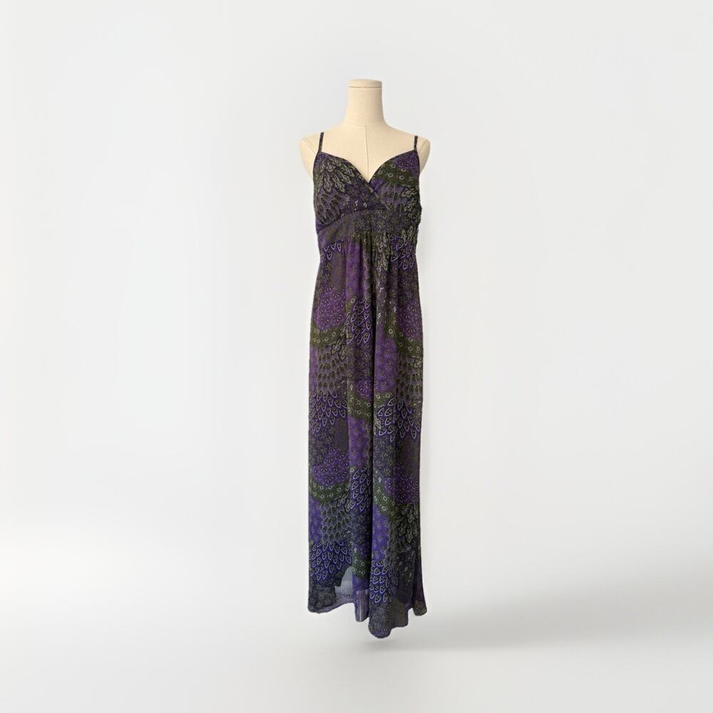 Apt 9 Paisley Babydoll Maxi Dress L V-Neck Retro Groovy Smocked Purple 60s‎ 70s